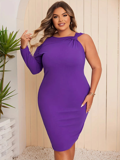 Elegant Plus Size Purple One-Shoulder Dress with Asymmetric Sleeve Design for Any Occasion