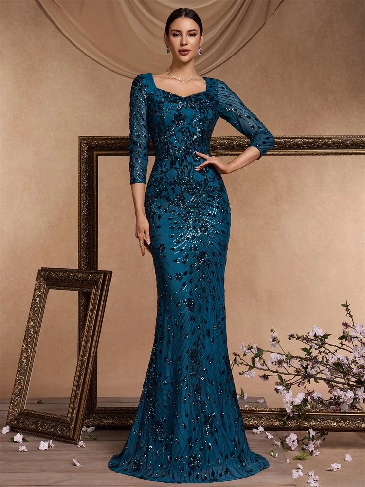 Luxury Champagne Evening Dress Women 2024 Long Mermaid Formal Sequins V-neck Prom Elegant Wedding Party Cocktail Gown