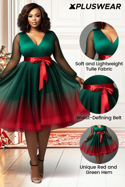 Plus Size Christmas Emerald Green Gradient V Neck Lantern Sleeve Long Sleeve See Through Wrap Tulle Mini Dresses
