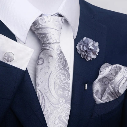 Luxury Mens Ties Floral Black Gold Ties Paisley NeckTie Pocket Square Cufflinks Brooch Set Men's Wedding Party Tie