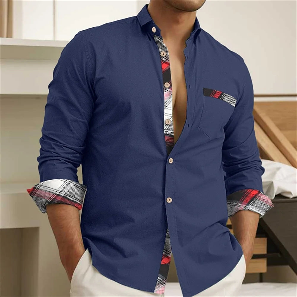 Men's button up shirt, black and white solid color, long sleeved striped cuffs, lapel collar, daily vacation pocket, fashionable