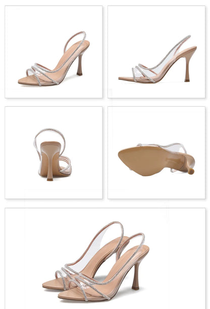 Women Summer Rhinestone Slingback Pumps Office Lady Transparent Heeled Sandals Elegant Pointed Toe Female Sexy High Heels