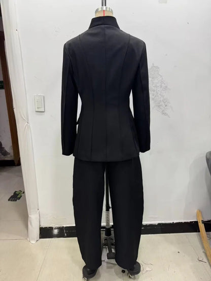 ETJ 2025 women's new fashion design three-dimensional cut high collar slim suit jacket & matching casual trousers