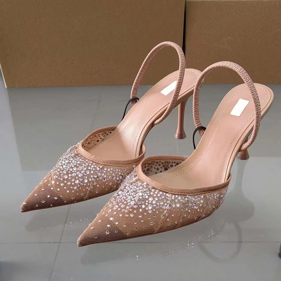 2024 Summer New Women's Sandals Water Diamond Bright Mesh High Heels Footwear Elegant Slingback Pointed Slip on Party Lady Shoes