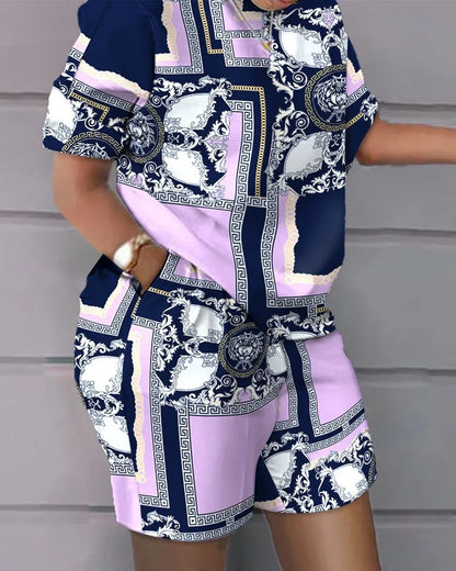 Casual Loose Short Sleeve Tshirt Shorts Set Office Lady Summer Fashion O-neck Colorful Print Two Piece Set Women Outfit 2023