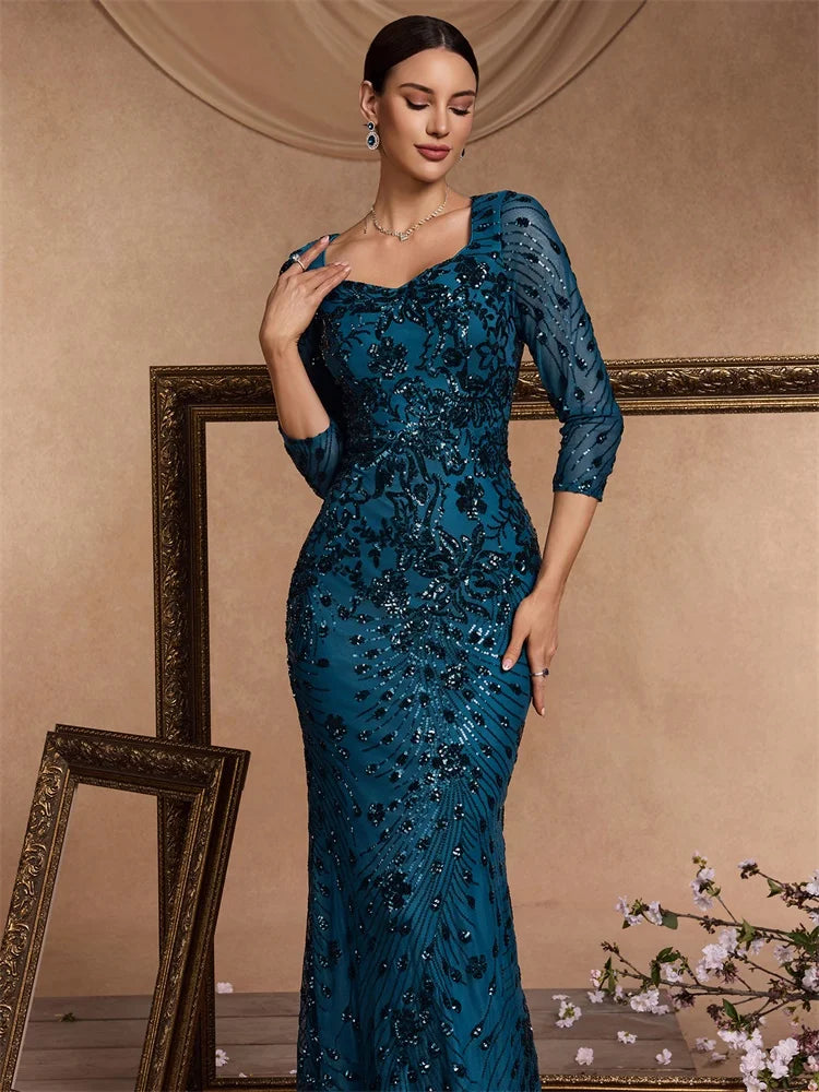 Luxury Champagne Evening Dress Women 2024 Long Mermaid Formal Sequins V-neck Prom Elegant Wedding Party Cocktail Gown