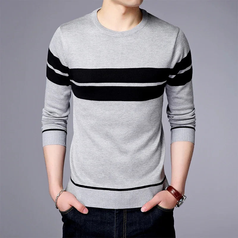 New Men's Casual Long Sleeved Striped Round Neck Knitted Sweater Comfortable Fashionable Breathable and Versatile Top