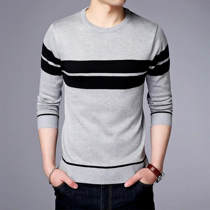 New Men's Casual Long Sleeved Striped Round Neck Knitted Sweater Comfortable Fashionable Breathable and Versatile Top