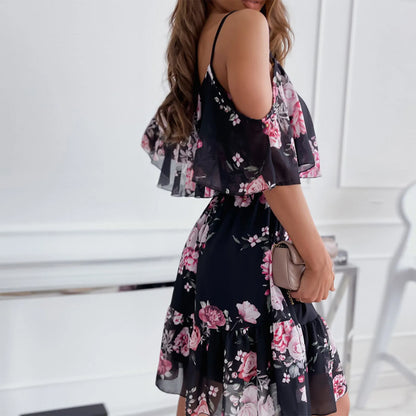 Women'S Spring/Summer New 2024 European And American Chiffon Printing Sexy Off Shoulder Strap Large Swing Ruffle Edge Dress