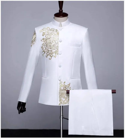 New Men Standing Collar Embroidered Suit 2 Piece Fashion Male Business Social Wedding Prom Stage Performance Dress Blazer Pant