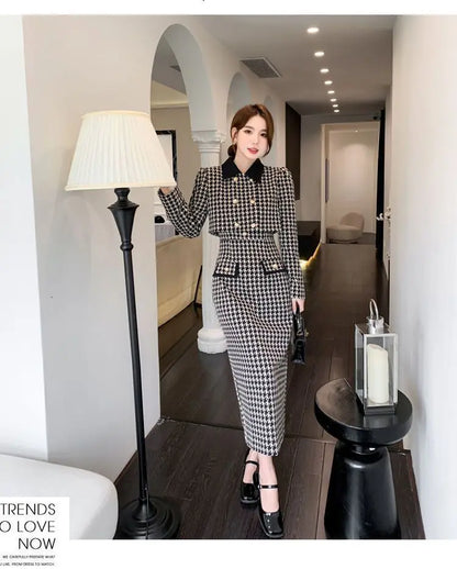 Spring Autumn New Dress Set Women Turn-down Collar Long Sleeve Button Patchwork Cardigan Elegant Slim All-match Slip Dresses