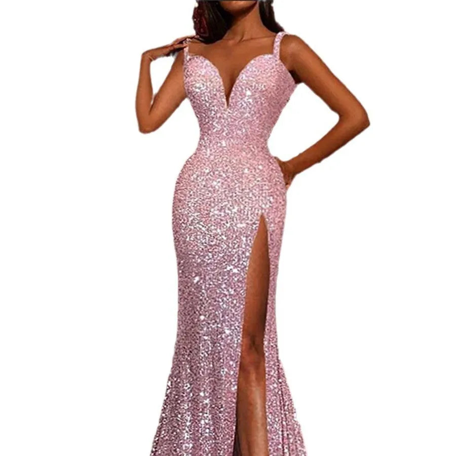 Sexy Sleeveless V-neck High Waist Slit Formal Occasion Evening Dress Fashion Pink Sequins Slim Long Elegant Party Dresses Women