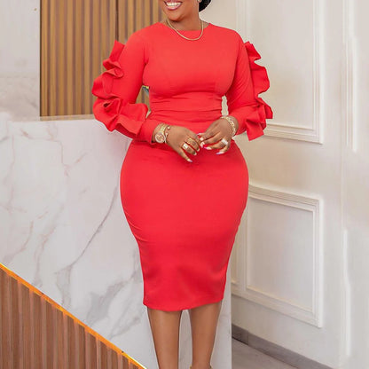 Elegant Office Dresses for Woman 2024 New O Neck Petal Sleeve Sheath Package Hips Mid Calf Formal Business Work Wear Dress Midi