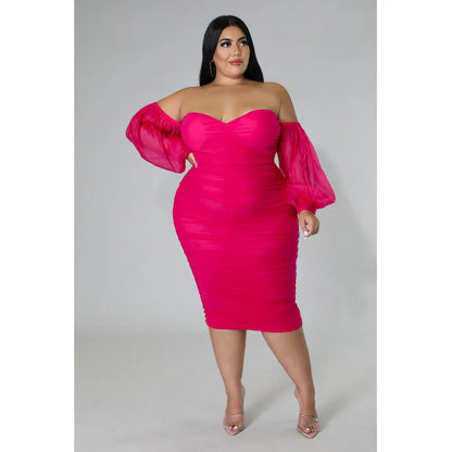 CM.YAYA Plus Size Women Mesh Patchwork Off Shoulder Ruched Bodycon Midi Dress evening Winter 2022 Sexy Party Club Prom Dresses
