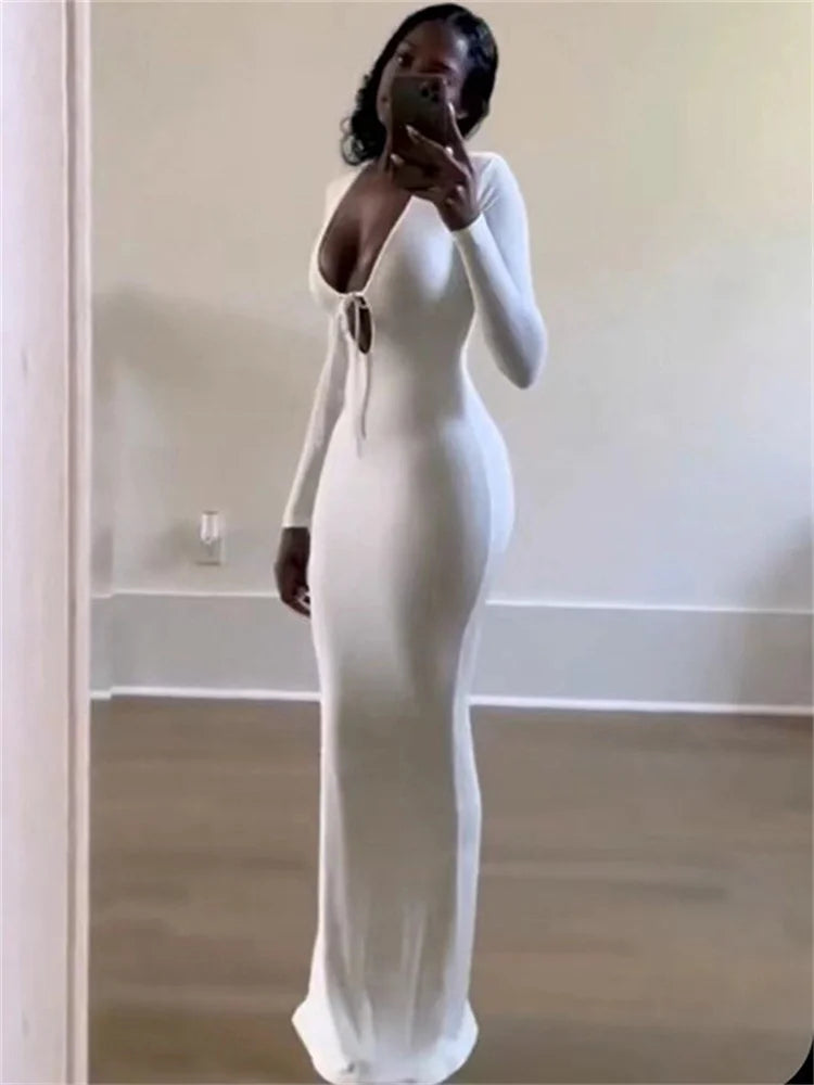 Tossy V-Neck High Waist Slim Maxi Dress Female Solid Bandage Elegant Fashion Long Sleeve Sexy Party Dress Summer Long Dress 2024