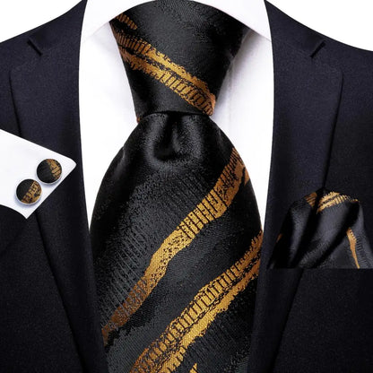 Hi-Tie Psialey Black Gold Silk Elegant Tie For Men Groom Wedding Men Necktie Pocket Square Cufflink Accessory Wholesale Designer