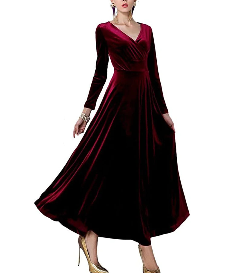 Autumn New 2023 Long Dress Cocktail Party Evening Elegant V Neck Velvet Formal  Robe Gown Maxi Dress For Women Clothing Vestidos