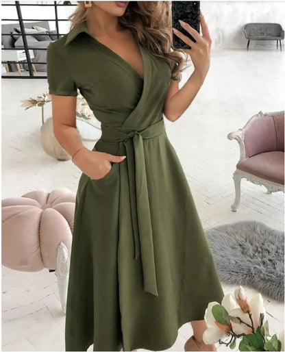 Women's New Short Sleeve Dress Spring Summer Fashion V-neck Printed Bag Hip Dress for Women  Temperament  Personality Wear