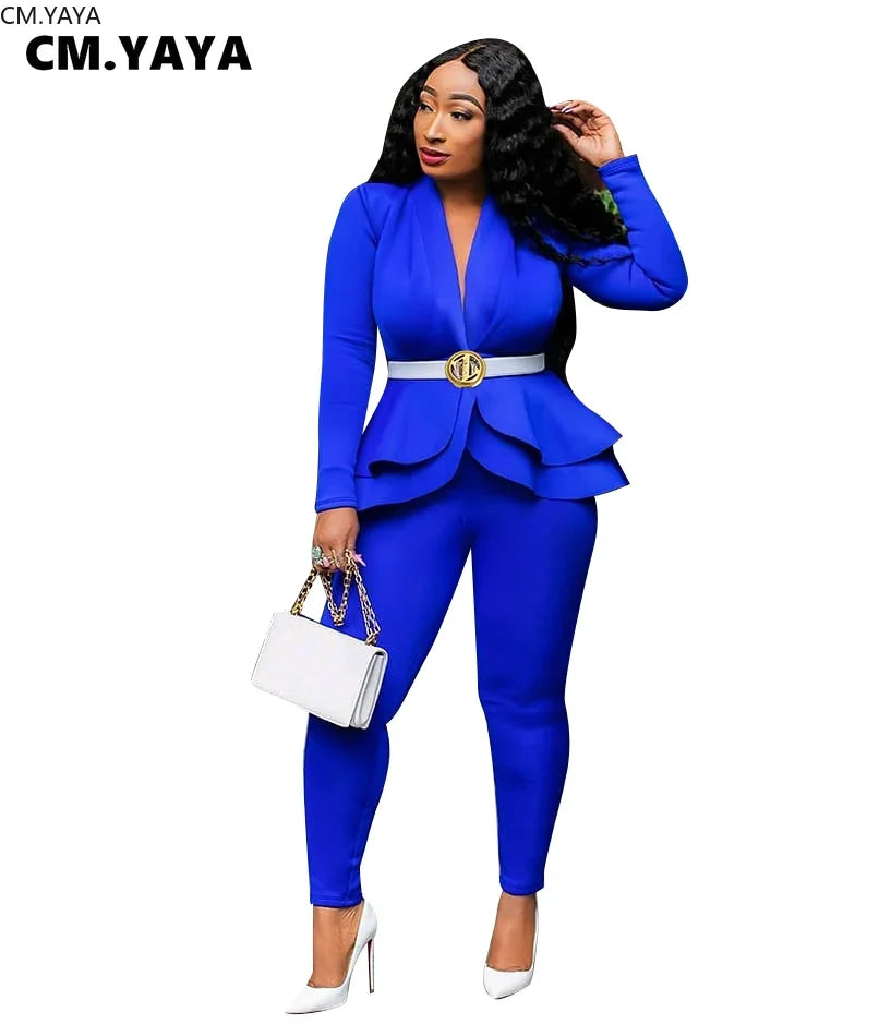 Women Winter Women's Set Full Sleeve Ruffles Blazer & Pencil Pants Suit (2pc Set)