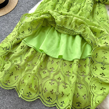 Spring French Vacation Fashion Dress Women Buttons Hook Flower Hollow Out Design 2025 High Quality Lace Ruffles Long Dress