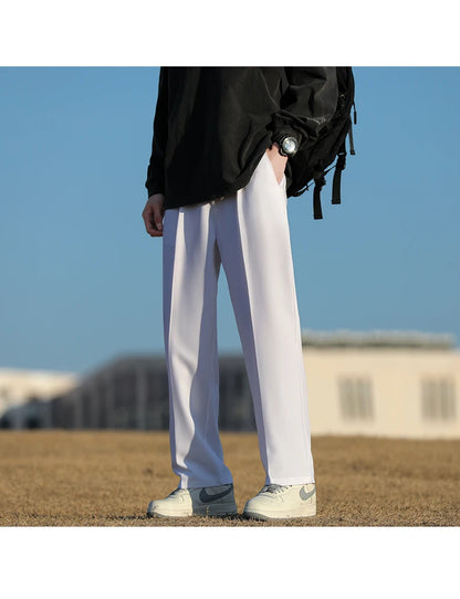 Spring Summer Men Suit Pants Wide Leg Long Drape Trousers Fashion Streetwear Clothing Solid Stretch Waist Oversize Pants Black