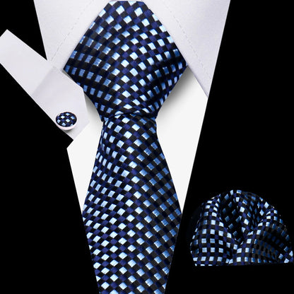 Tie Men Business Necktie Set Classic Plaid Cufflinks Handkerchief For Suit Wedding High Quality 3pcs Ties Sets Formal Gravata