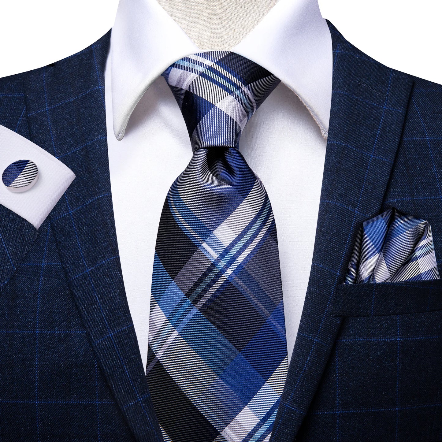 Hi-Tie Designer Silk Wedding Tie For Men Blue White Plaid Handky Cufflink Set Fashion Necktie For Men Business Party Wholesale