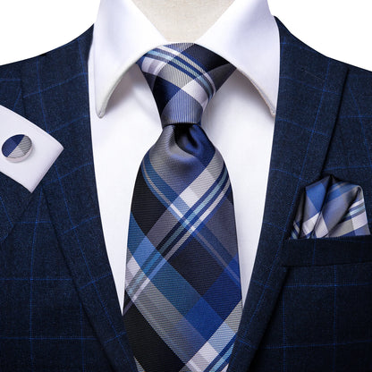 Hi-Tie Designer Silk Wedding Tie For Men Blue White Plaid Handky Cufflink Set Fashion Necktie For Men Business Party Wholesale