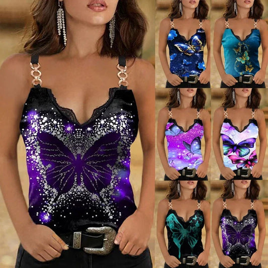 Y2K Clothes 2023 Summer Women's Clothes Casual New Fashion Suspender Sleeveless Loose V-Neck Sexy Butterfly Print Tank Top