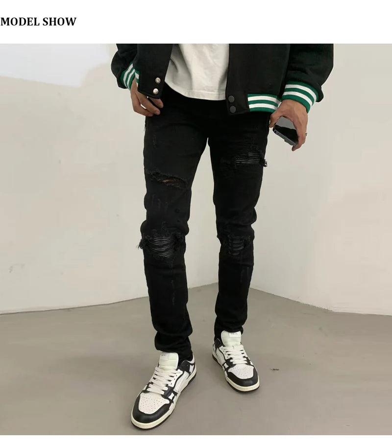 High street fashion new men's black jeans stretch slim fit retro washed leather patch jeans hip-hop brand designer pants Hombre