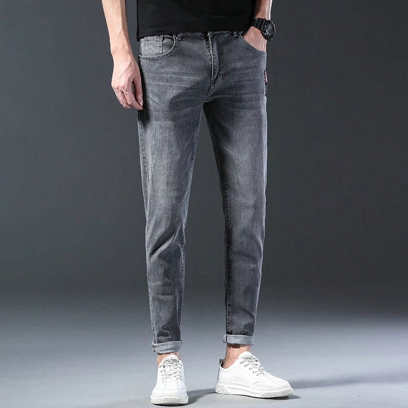 New Arrival Men's Denim Jeans Fashion Straight Slim Elastic Korea Fashion Casual Denim Trousers Male Pants Grey Black Dropship