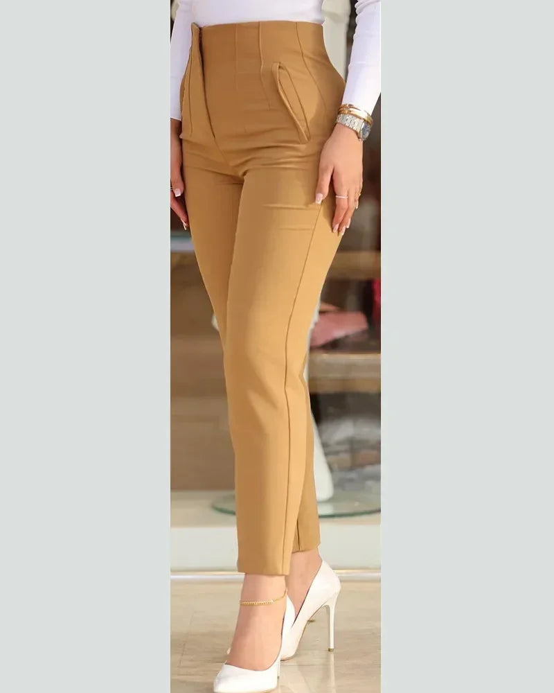 Elegant Pleated Waist Work Pants For Women White All-Match Daily OL Laides Fashion Office Formal Wear High Waisted Trousers