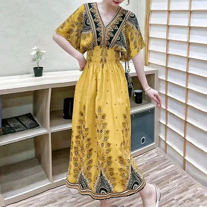 Spring New In Women's Dress V-Neck Short Sleeve Dress Elegant Sweet Print Dress Casual Retro Boho Elastic Waist A-Line Dress