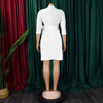 FairyShely 2025 Summer Solid Plus Size Folds Dress Women Long Sleeve Large Big Dresses Lady Belt Party Tight Curvy Short Dress