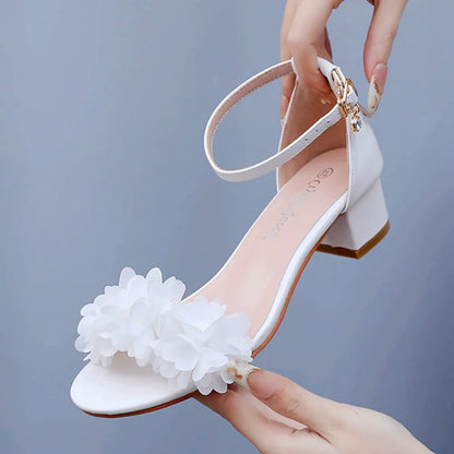 Flower Band Bridesmaide Shoes Woman Wedding High Heels Sandals Ankle Strap Wedges Cover Heeled Tacones Ladies Office Dress Pumps