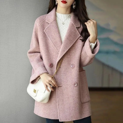 Basics Solid Pockets Coats Women Korean Style Basics Solid Turn-Down Collar Coat Casual Comfortable Loose Wool Autumn Winter