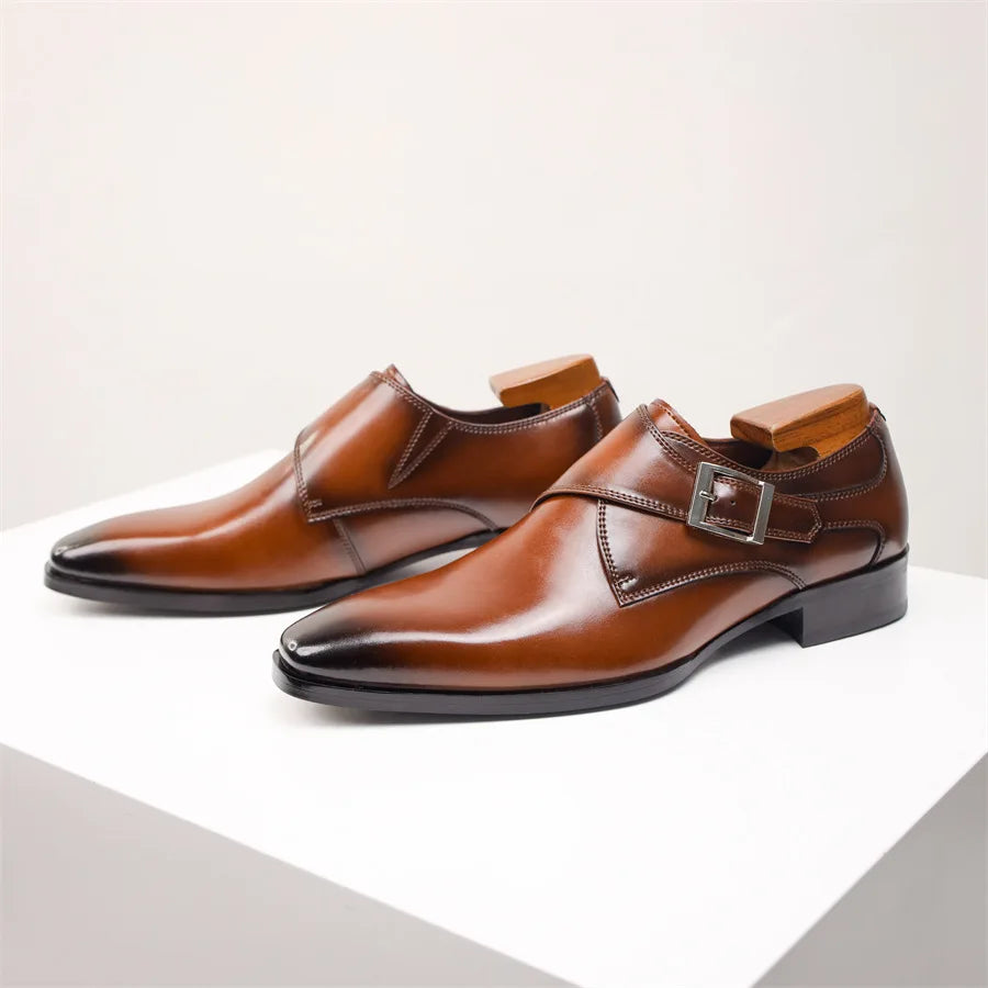 Newest Men's Cow Leather Shoes Buckle Pointed Dress Shoes Men Classic Business Formal Social Office Party Wedding Shoes