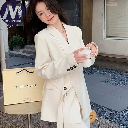 Women's Korean Fashion Long Sleeve Blazer And Wide Leg Pants Two-Piece Set Office Casual Loose Fit Spring Autumn Suits