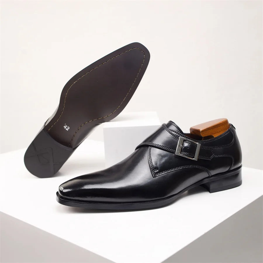 Newest Men's Cow Leather Shoes Buckle Pointed Dress Shoes Men Classic Business Formal Social Office Party Wedding Shoes