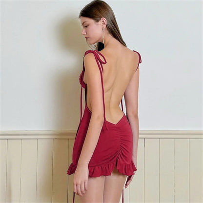2024 European and American New High end Y2K Sexy Open Back Lace up Slim Fit Spicy Girl Short Skirt Summer Party Club Mini Dress
