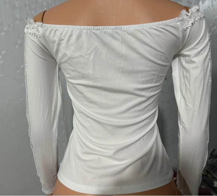 2023 Autumn Winter Spring New Fashion Casual Sexy Blouses Off Shoulder Hollow Out Lace Top Female Clothing TShirts Pullover Tops