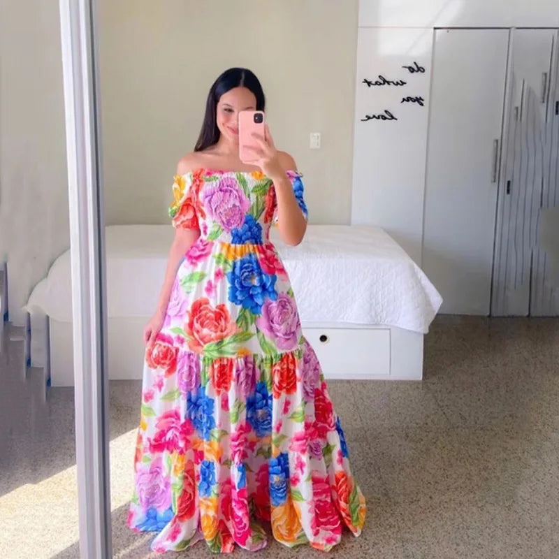 Spring Summer Sexy Off Shoulder Maxi Dress Woman Fashion Flower Print Short Sleeve Dresses For Women 2023 Elegant Party Robe