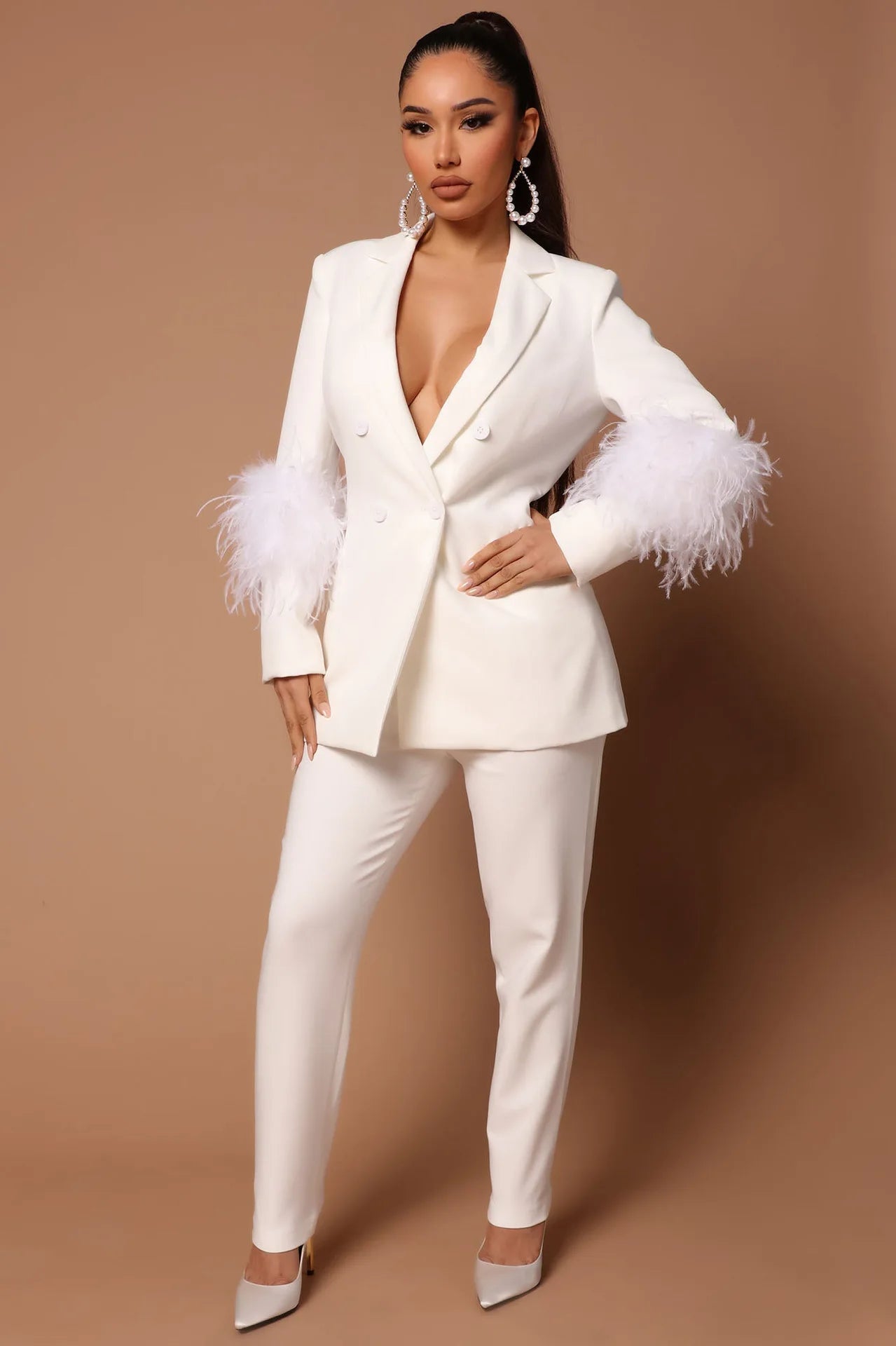 CM.YAYA Vintage Women Fur Hem Long Sleeve Blazer Suit and Pants 2023 Chic OL Fashion Two 2 Piece Set Outfits Basic Tracksuit