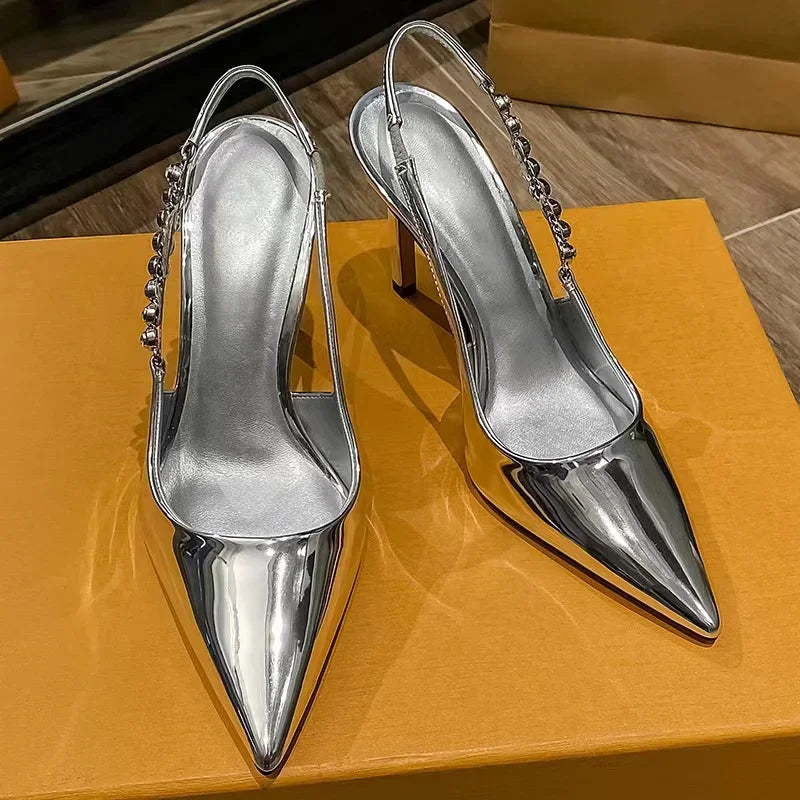 Shiny High Heels Slingback Silver Women Pumps Metallic Crystal Sandals Pointy Toe Stiletto Heeled Shoes Party Dress Shoes Woman