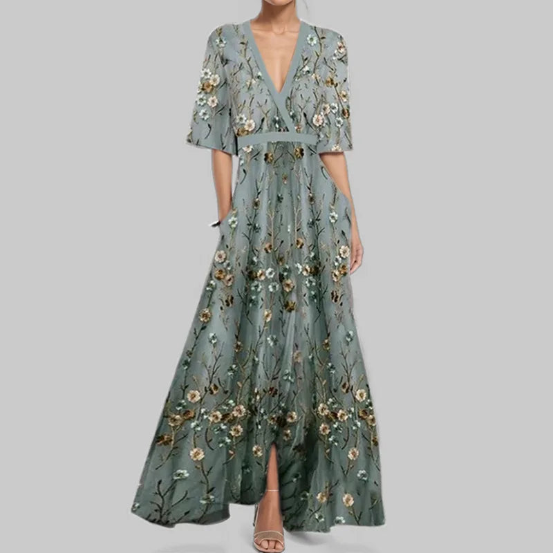 Spring Summer Women Fashion V Neck Belted Party Long Dress Sexy Printing  Boho Maxi Dresses Short Sleeve Pocket Femlae Holiday