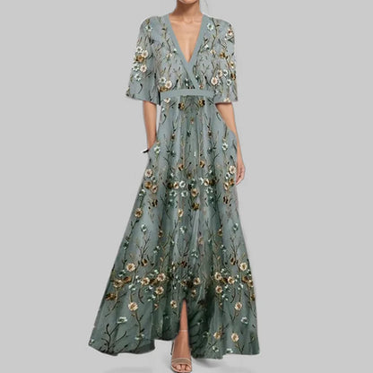 Spring Summer Women Fashion V Neck Belted Party Long Dress Sexy Printing  Boho Maxi Dresses Short Sleeve Pocket Femlae Holiday