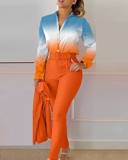 Women's Elegant Autumn/Winter Printed V-Neck Long Sleeve Button Shirt Top Fashion Solid Color Long Pants 2 Piece Set With Belt