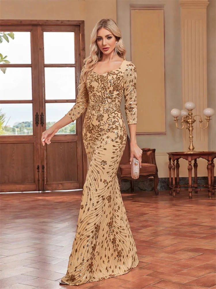 Luxury Champagne Evening Dress Women 2024 Long Mermaid Formal Sequins V-neck Prom Elegant Wedding Party Cocktail Gown