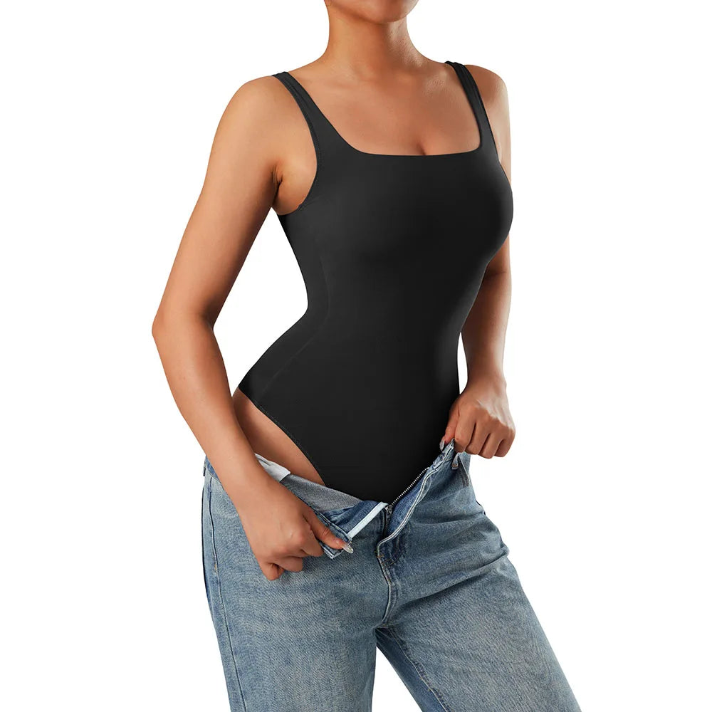 Bodysuits Women Sexy Body Suit One-Piece Romper Solid Sexy Sleeveless Square Neck Padded Tank Tops Jumpsuit Streewear Ladies