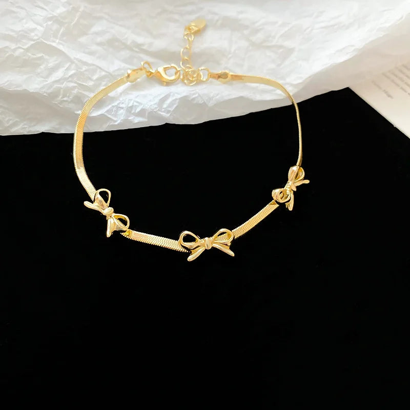 Silver Color Color Bowknot Bracelets for Women Girls Sparkling Delicate Chains Blade Chokers Necklaces Party Dress Jewelry Gifts